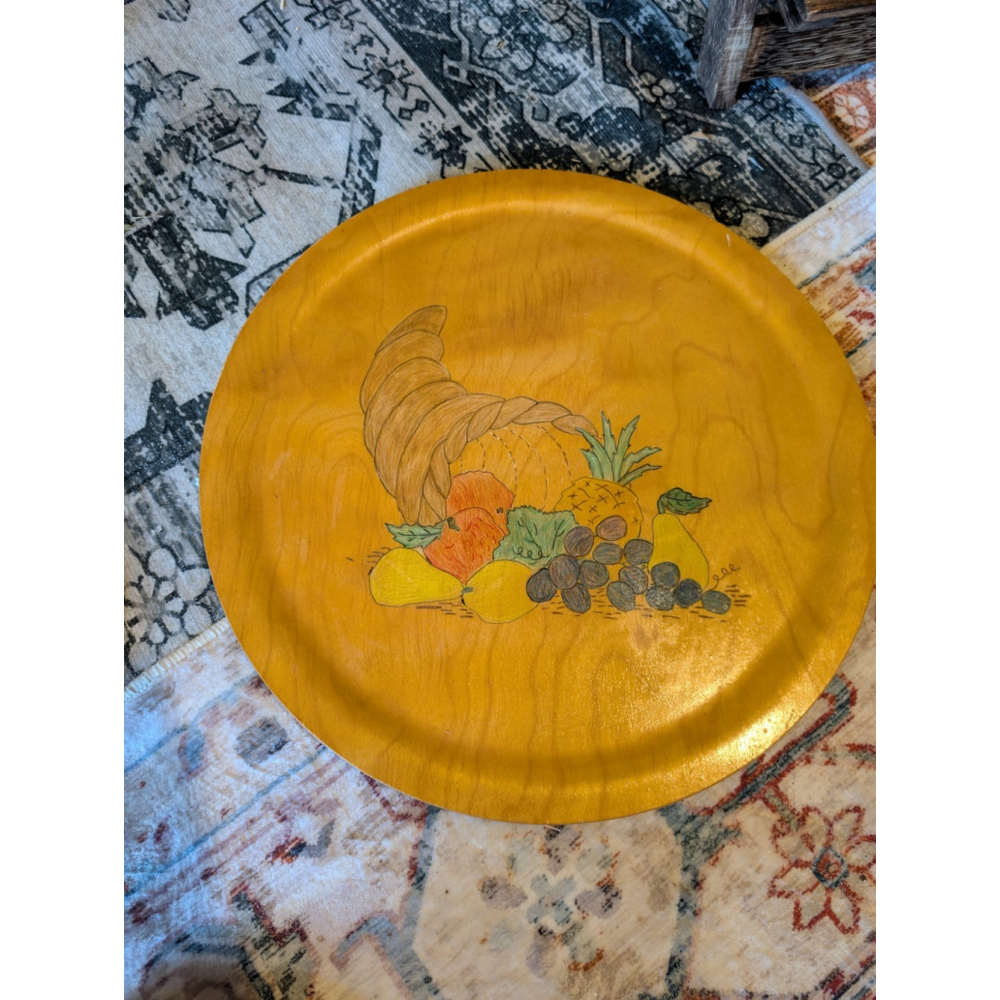 Large Wooden Serving Platter And Small Wooden Plates (3) Handpainted Vintage